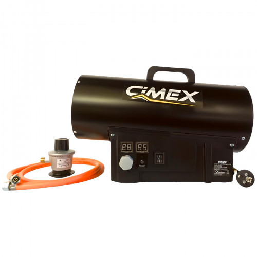 Gas heater 50.0kW, CIMEX LPG50-TC with a thermostat, pressure reducing valve, and hose.